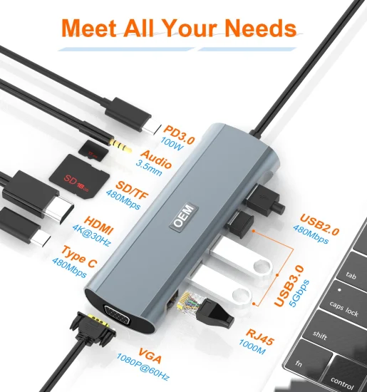 Hub USB-C 12 in 1, audio, SD, TF, docking station USB 2.0-C, 2 HDMI, VGA, RJ45, rete Gigabit, hub USB PD tipo C